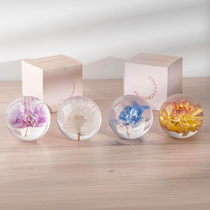 Real Yellow Dahlia Paperweight - Home Decor Crystal Resin Ball 3.14in (80mm) - Clear Resin Yellow Dahlia Flower Globe for Special Days - Sphere Figurine Office Paperweight w/Flat Bottom