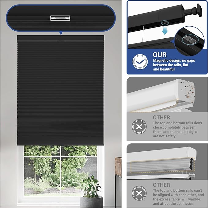 No Drill No Tools Cellular Shades Top Down Bottom Up Blackout Blinds for Windows Cordless Honeycomb Window Shades Easy to Install for Home,Blackout-Black,27.5" W x 64" H