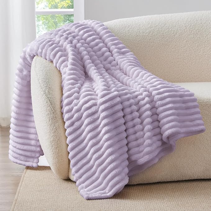 BEDELITE Twin Blanket for Couch & Bed, 300GSM Soft & Warm Fleece Blanket, Decorative and Giftable Striped Lavender Fog Blankets for Women, Men, 60"x80"