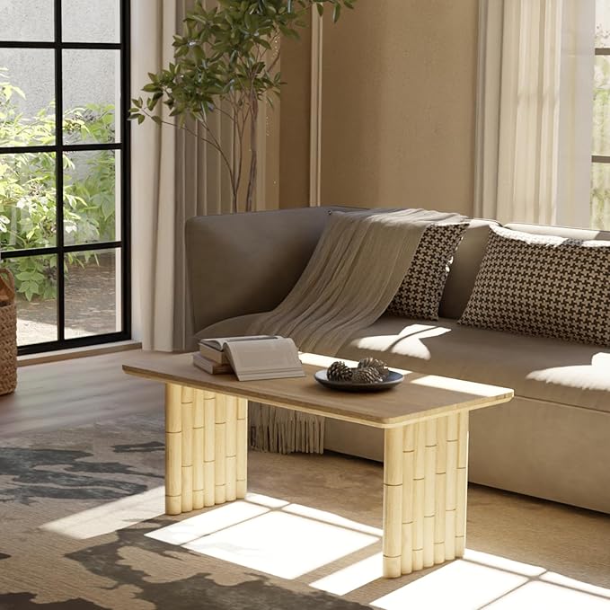 Bambos Coffee Table | Sold Mango Wood Center Table with Natural Finish | Handcrafted Accent for Living Room, Modern Decor, Apartment or Office | Bamboo Inspired Legs, Easy Assembly, Durable, Compact