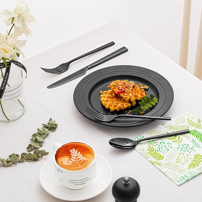 KINGSTONE Black Silverware Set, 20-Piece Forged Flatware Set Cutlery Set Premium Stainless Steel, Service for 4, for Kitchen, Home, Wedding, Party, Mirror Polished and Dishwasher Safe