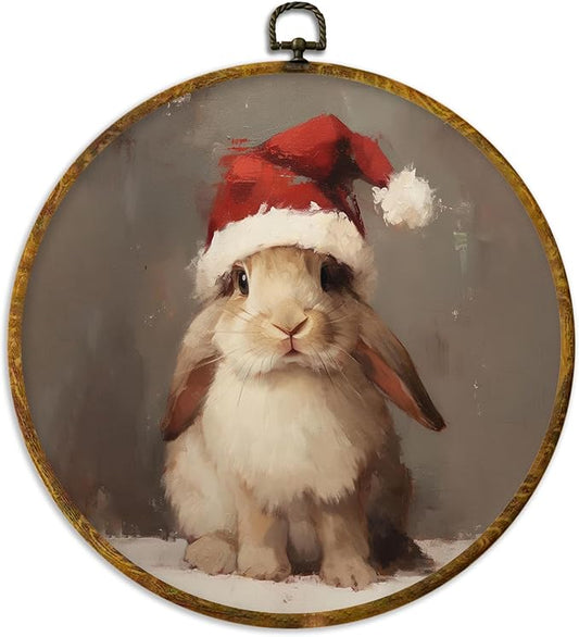 XPH Vintage Christmas Bunny Round Wall Art Framed, Rustic Christmas Rabbit Circle Wall Decor, Cottage Cozy Winter Xmas Bunny Hanging Canvas Prints for Home Bedroom Living Room Decoration, 10x10 Inch