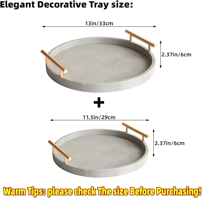 Leather Serving Tray, Set of 2 Round Shagreen Tray with Gold Polished Metal Handles, Decorative Trays Coffee Table Ottoman Trays for Living Room Bathroom Vanity Home Decor (Gray)