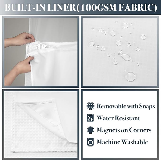 N&Y HOME 60 Inch Waffle Weave Shower Curtain with Snap-in Fabric Liner & 12 Metal Hooks Set - 60" x 72" Shower Stall Size, Hotel Style & Mesh Top Window, Machine Washable - White, 60x72