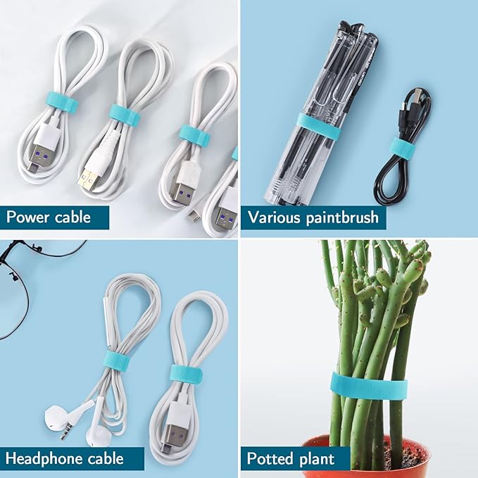 50PCS Reusable Adjustable Cable Ties, Microfiber Cloth Used for Computer Link Cable Cord Management (Light Blue)