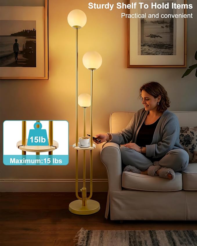 63IN Dimmable Floor Lamp with Shelf, Unique Globe Gold Tall Standing Lamps Candle Holder Style, 3000K Warmwhite Mid Century Modern Floor Lamp for Living Room Home Office(Bulbs Included)