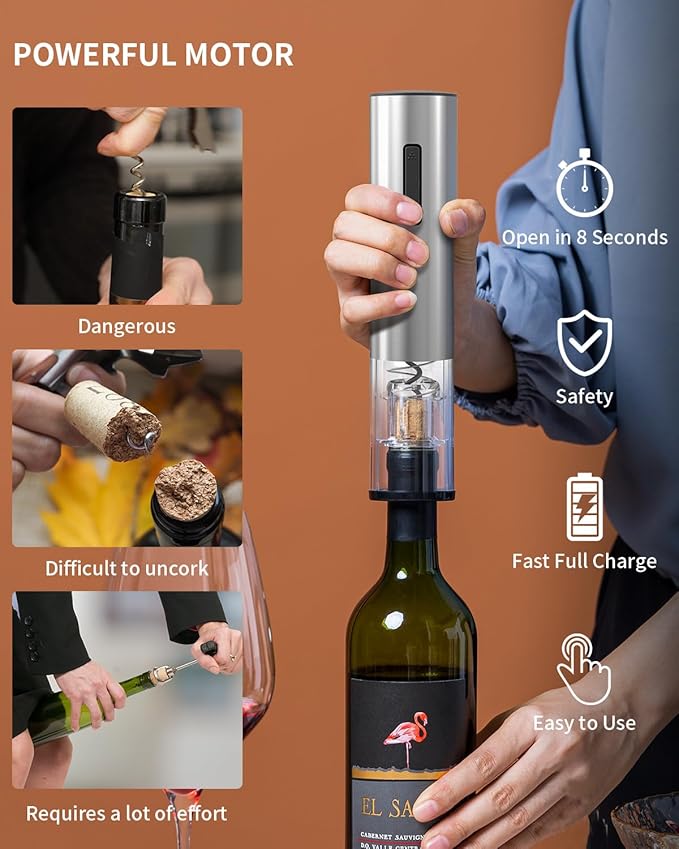 CIRCLE JOY Electric Wine Opener Rechargeable Stainless Steel Automatic Corkscrew Wine Bottle Opener with Foil Cutter, Blue Led Indicator and One-Click Button, Silver