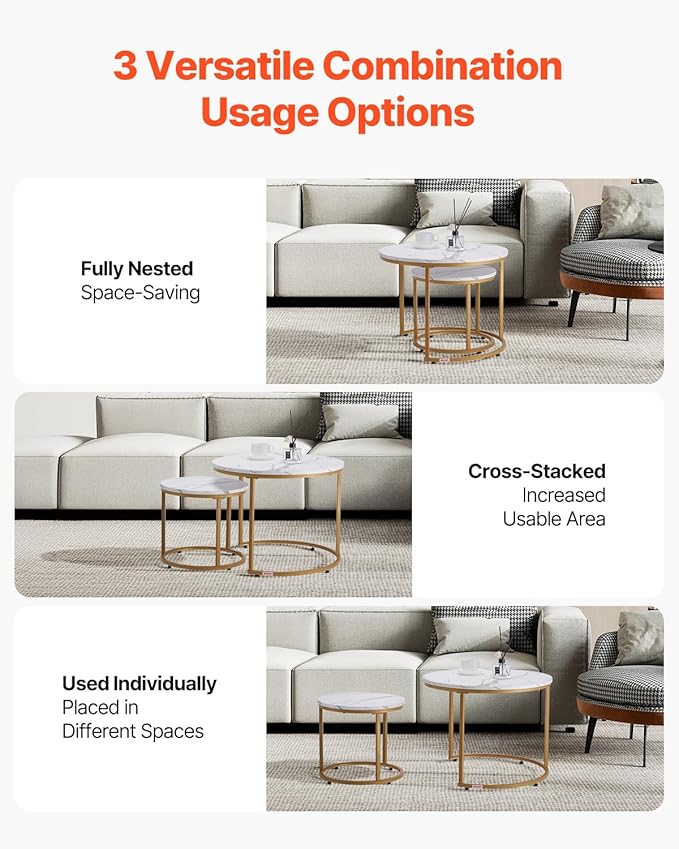 VEVOR Nesting Tables, Coffee Table Set of 2, 23.6 inch Round Coffee Table, Small Coffee Tables Night Stand with Metal Frame, for Living Room, Bedroom, Office (White & Gold)