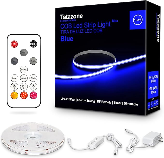 16.4ft Blue COB Led Strip Lights with RF Remote, Dimmable Bright Adhesive Indoor Led COB Light Strip for Cabinet, Paintings, Room, Bed