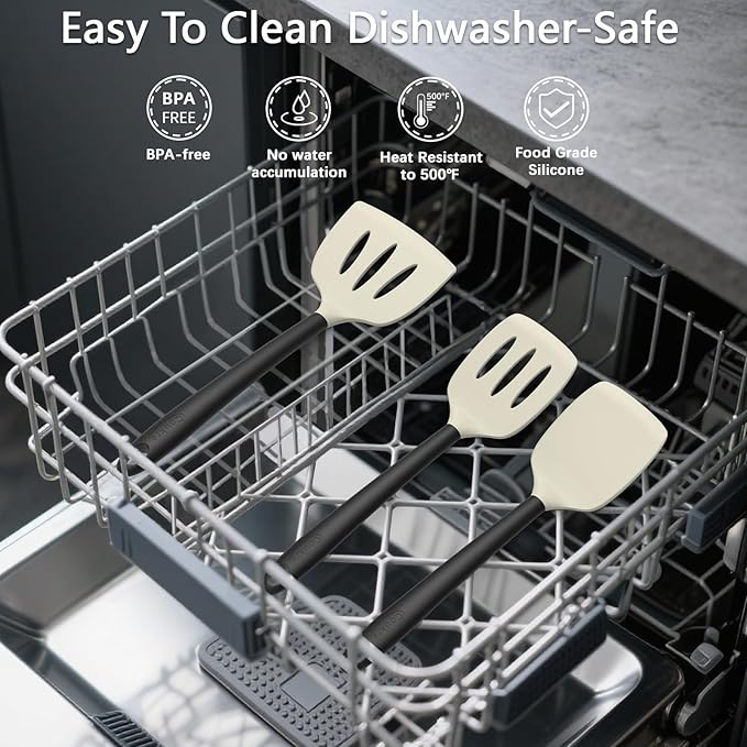 Coukre Silicone Kitchen Cooking Utensils Set with Holder – Heat-Resistant, Food-Grade Kitchen Tools, Spatula, Spoon & Gadgets for Non-Stick Pans, Dishwasher Safe (14, Beige)