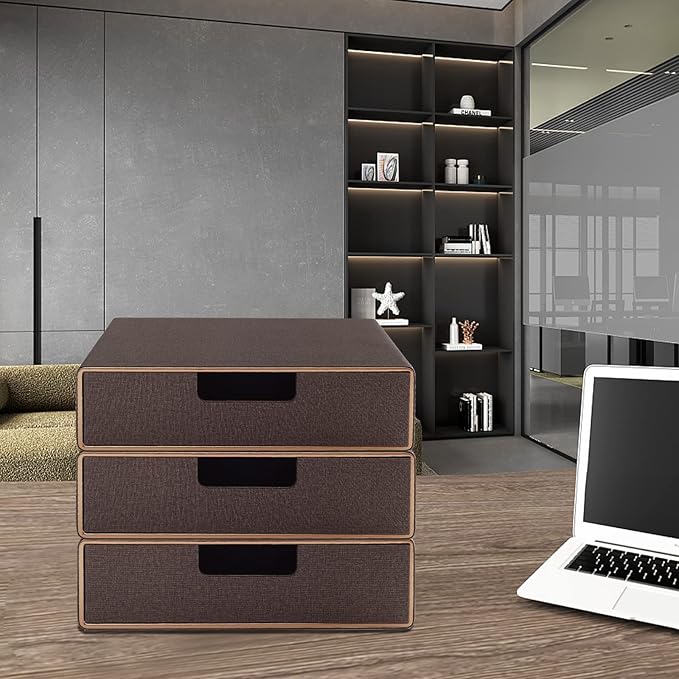 Stackable Organizer Drawer Classic Brown Pu Leather Handmade,Organize Home Office Desk Accessories and Sort Letter-Size Paper/a4 Document,Desk Caddy with Drawers Storage Box,13.1x10x3.7inches