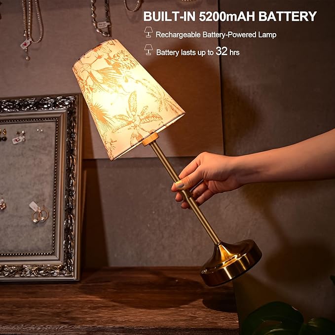 Cordless Table Lamp,5200mAh Rechargeable Battery Operated Lamp,3-Level Brightness Dimmable, Mid Century Modern Metal Ambient Lamps, Vintage Gold Lamps for Bedside, Retro Farmhouse Lamp