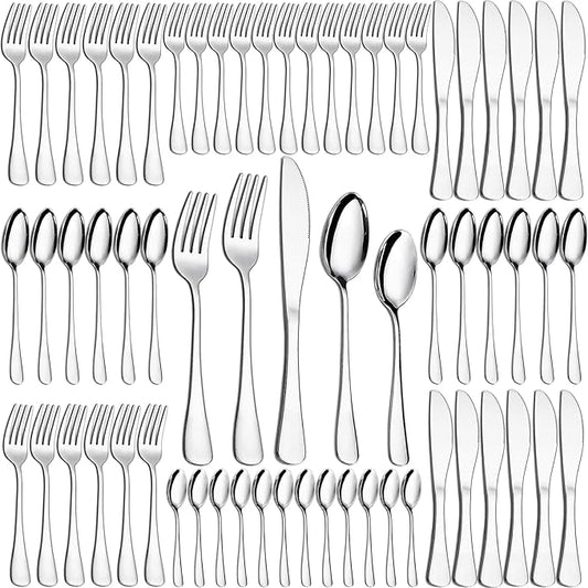 60 Piece Silverware Set, Food-Grade Stainless Steel Silverware Set for 12(Includes 12 Knives, 12 Forks, 12 Spoons, 12 Teaspoons, 12 Dessert Forks),Mirror Polished, Dishwasher Safe