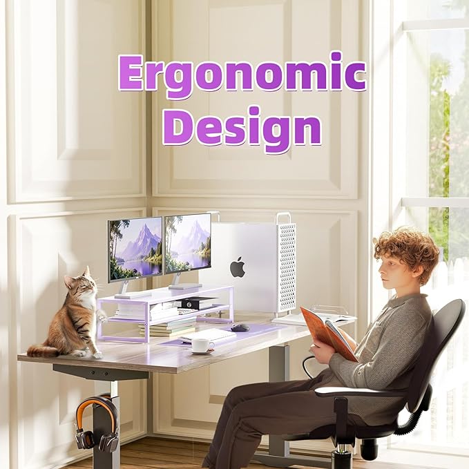 Simple Trending 2 Tier Metal Dual Monitor Stand Riser, Computer Office Desktop Organizer for 2 Monitors with 32"x10" Mouse Pad for Laptop, Printer, TV, Purple