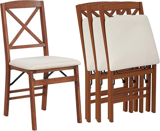 COSTWAY Folding Dining Chairs Set of 4, Upholstered Wooden Dining Room Chairs with X-Shaped Back, 400LBS Capacity and Solid Wood Frame for Kitchen Apartment (Brown & Beige)