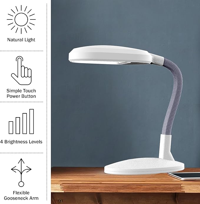 LED Desk Lamp - Sunlight Lamp with Adjustable Gooseneck Arm - Home and Office Desk Lamps Great for Reading and Crafting by Lavish Home (White)