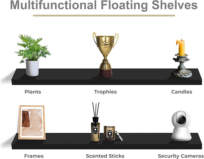 Sorbus Floating Shelves for Wall - 55 Inch Extra-Long Bathroom Shelves, Wall Decor for Bedroom, Kitchen, Living Room, Book Storage - Mounted Floating Shelf with Hidden Brackets (Black, 2 Pack)