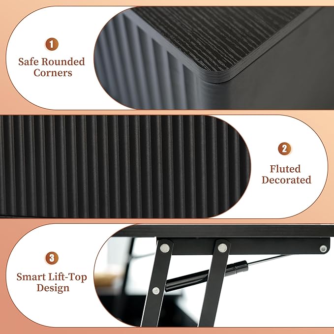 LYNCOHOME Fluted Coffee Table with Hidden Compartment, Wood Lift Top Coffee Tables, Modern Center Table for Living Room, Home Office, Black