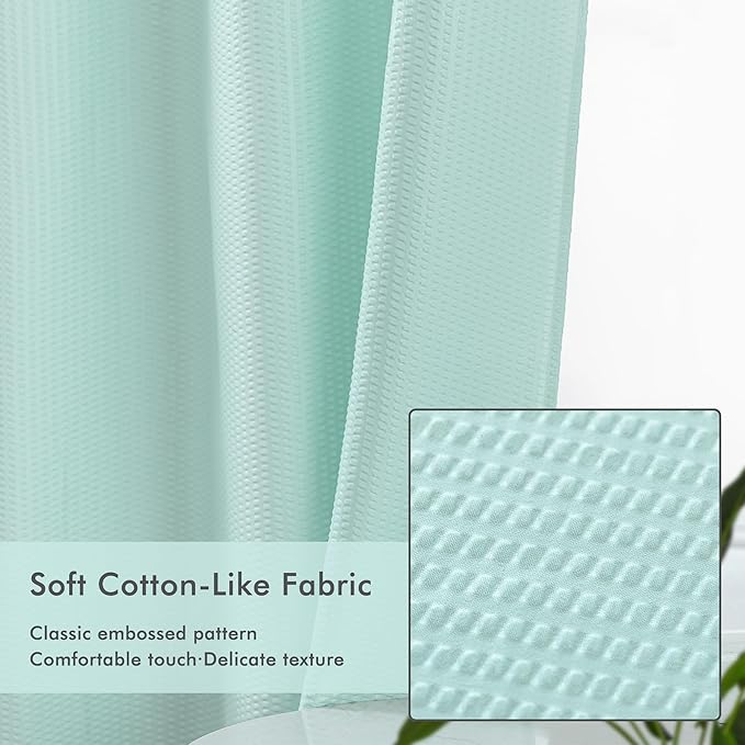 Mrs Awesome No Hook Shower Curtain with Snap-in Liner, Embossed Waffle Design Fabric Shower Curtain for Bathroom, Soft & Lightweight, 71x74, Sky Blue