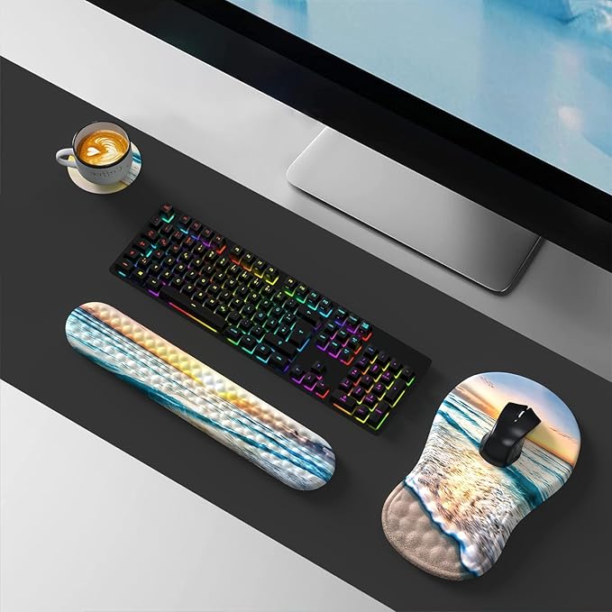 HAOCOO Ergonomic Mouse Pad with Wrist Rest and Keyboard Wrist Rest Pad, Wrist Rest for Computer Keyboard and Mouse Pad Cushion Set, Typing Mousepad with Wrist Support for Office Laptop, Beach
