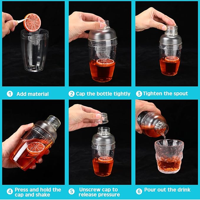 7 Pcs Plastic Cocktail Shaker Set Drink Mixer with Mark Clear Drink Cocktail Shaker and Measuring Jigger Set Ounce Cup Clear for Bar Party Home Use Wine Bar(11.8oz)