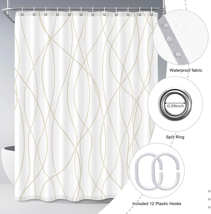 Punkray Beige Khaki Shower Curtain for Bathroom with Hooks, Extra Long Shower Curtain Set Stripe Bath Curtains Decorative White Shower Curtains Weighted Hem Water Repellent Washable, 72 x 84