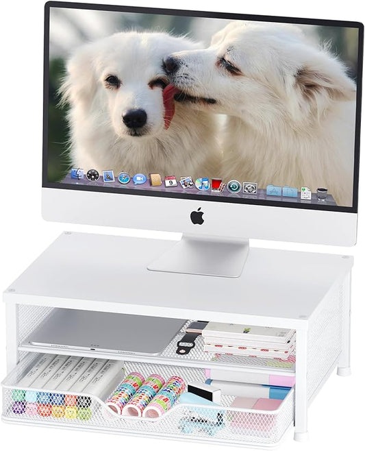 Desk Organizers and Accessories, 2-Tier Computer Monitor Stand Riser with Drawer, Laptop Stand, Office Desk Accessories, Workspace Desktop Organizer for Office Supplies, White