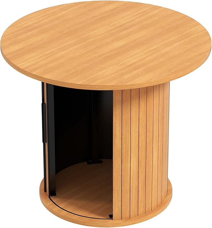 Round Wood Coffee Table 23.6IN with Hidden Storage & Sliding Door, Circle Farmhouse Side Table Sets for Living Room, Bedroom, Balcony, Small Spaces, Natural