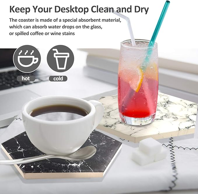 8 Pcs Drink Coasters with Metal Holder Stand, Marble Design Ceramic Coaster Set, Cork Base, for Tabletop Protection, Home Decor, Bar Coasters (Black+White)