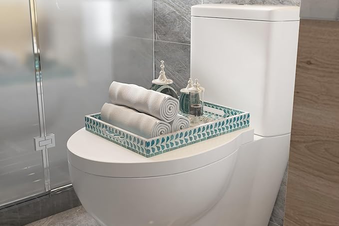 PEMAR Rectangular Mother of Pearl Serving Tray Nacre Wood Lap Ottoman Tray for Coffee Table, Luxury Decorative Handmade Eating Platters w Insert Handles (Teal Floral Pattern)