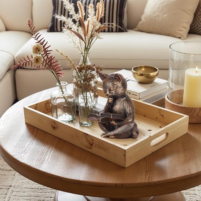 6.4 Inch Resin Reading Cat Figurine - Cute Animal Sculpture for Desk, Office, Bookshelf or Table Decor - Meditation Statue, Bronze Cat Lover Gift, Relaxing Book Theme Accent, Decorative Pet Ornament