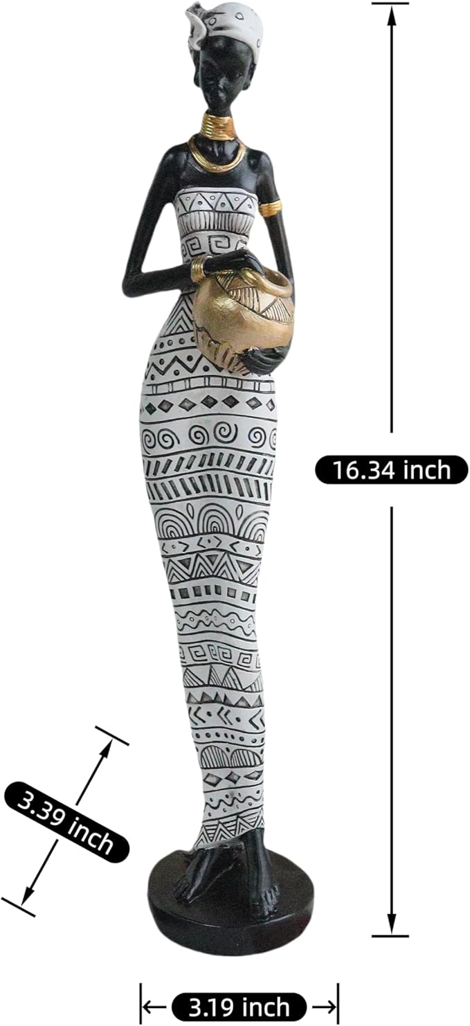 African Traditional Art Handmade Statues, Black and White Geometric Pattern Long Skirt Women's Ornaments and Decorations, Suitable for Home Study Display and Cultural Gift Collection