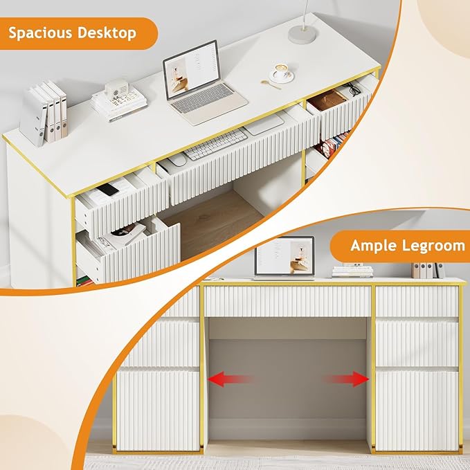 58 Inch White Desk with Drawers, Home Office Desk with 7 Drawers, Fluted Computer Desk with File Drawers for Study, White and Gold Executive Desk for Living Room, Bedroom