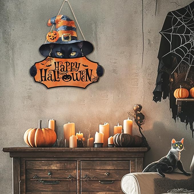 HPNIUB Black Cat Halloween Plaque, Rustic Witch Hat Pumpkins Wood Hanger for Home, Cute & Scary Wooden Sign for Halloween Party Front Door Decor