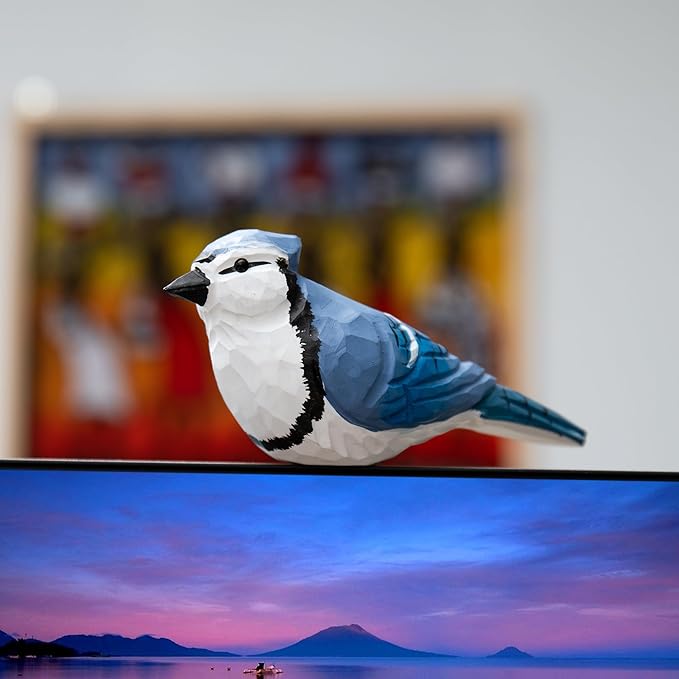 Handmade Wooden Blue Jay Bird Figurine – Backyard Blue Jay Home Decor, Cute Jay Knick-Knack for Bird Lovers, Unique Gift for Women, Mom, Friends – Rustic Nature Home Ornament