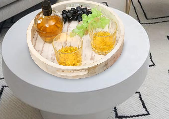 Decorative Coffee Table Tray, Set of 2 White, Wooden Round Serving Tray for Living Room, Wood Ottoman or Side Table, Charcuterie Board Cheese Platter, Fruit Baskets, White Distress, 12x12x1.5