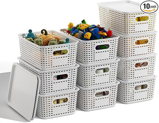 White Plastic Storage Baskets with Lids 10 Pack Stackable Storage Bins Containers for Shelves Organizing, Cute Decorative Storage Boxes for Classroom, Playroom, Closet, Pantry