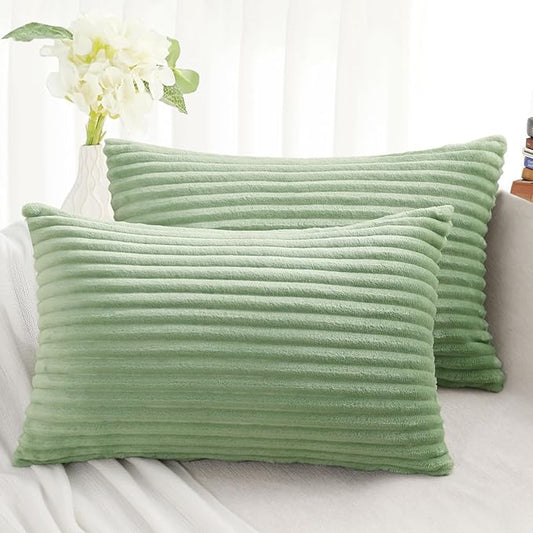 Simmore Decorative Throw Pillow Covers 12x20 Set of 2, Soft Natural Plush Flannel Double-Sided Fluffy Lumbar Pillow Covers for Couch Sofa Living Room, Sage Green