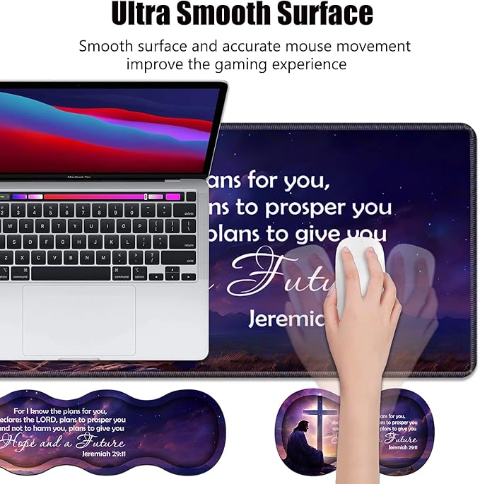 Ergonomic Memory Foam Mouse Pad Wrist Rest Set,Large Gaming Desk Pad + Keyboard Wrist Rest + Mouse Wrist Cushion + Coaster for Home Office Study Gaming,Christian Cross Quote Bible Verse Jeremiah 29:11