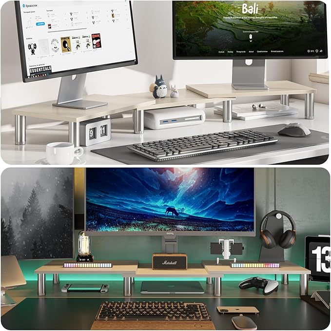 AX Waber Dual Monitor Riser - Adjustable Length & Angle, Wooden Stand for 2 Monitors with Storage