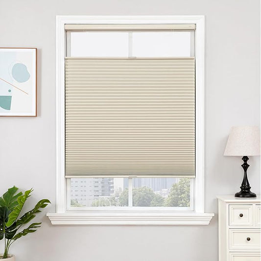 Joydeco No Tools No Drill Blinds for Indoor Windows, Cordless Window Blinds Cellular Shades Top Down Bottom Up Blackout Honeycomb Blinds Thermal Insulated Noise Reduction (Beige, 22" W x 64" H)