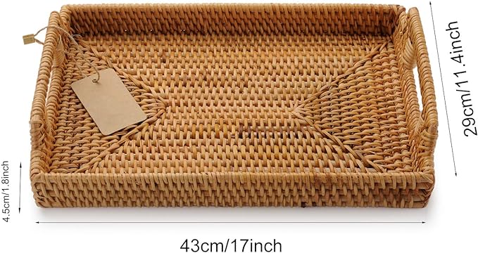 Hand-Woven Rattan Rectangular Serving Tray with Handles for Breakfast, Drinks, Snack for Coffee Table (17x11.4x1.8inches)