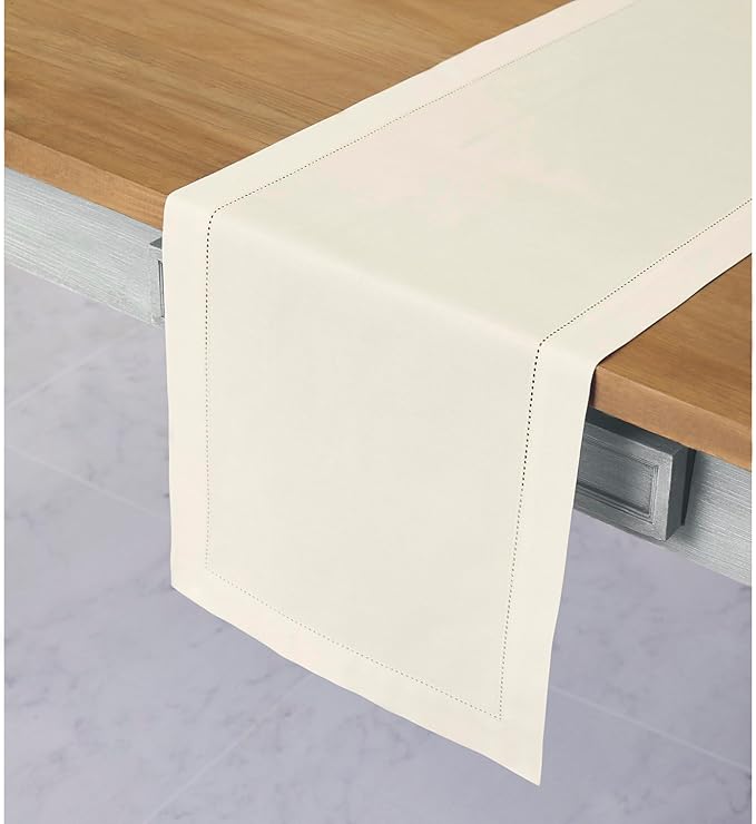 Solino Home Ivory Table Runner 48 Inches - Cotton Linen Hemstitch Coffee Table Runner 14 x 48 Inch Ideal for Dresser Tables - Fall, Autumn, Halloween, Thanksgiving, Christmas, Holiday