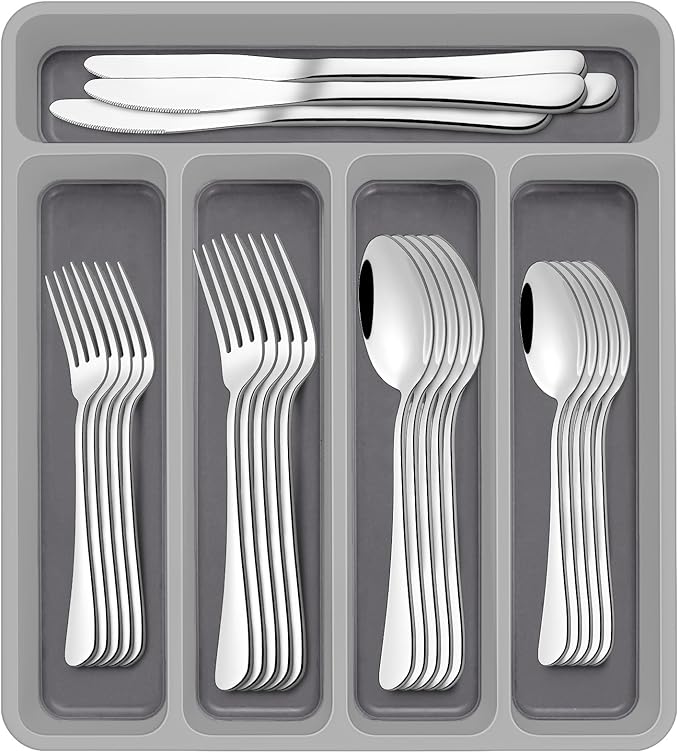 60-Piece Silverware Set with Organizer,AIVIKI Stainless Steel Flatware Set for 12,Cutlery Utensil Sets for Home Restaurant,Tableware Set Include forks spoons and knives,Mirror Polished,Dishwasher Safe