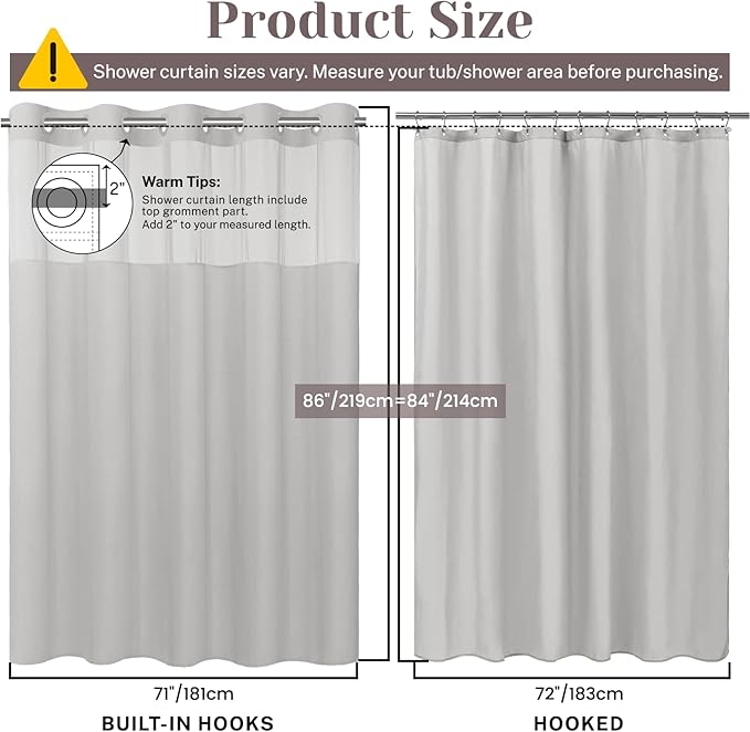 No Hook Slub Textured Shower Curtain with Snap in Liner - Grey Fabric Outer Curtain & Waterproof Inner Liner, Hotel Style with See Through Top Window, 71x86 in