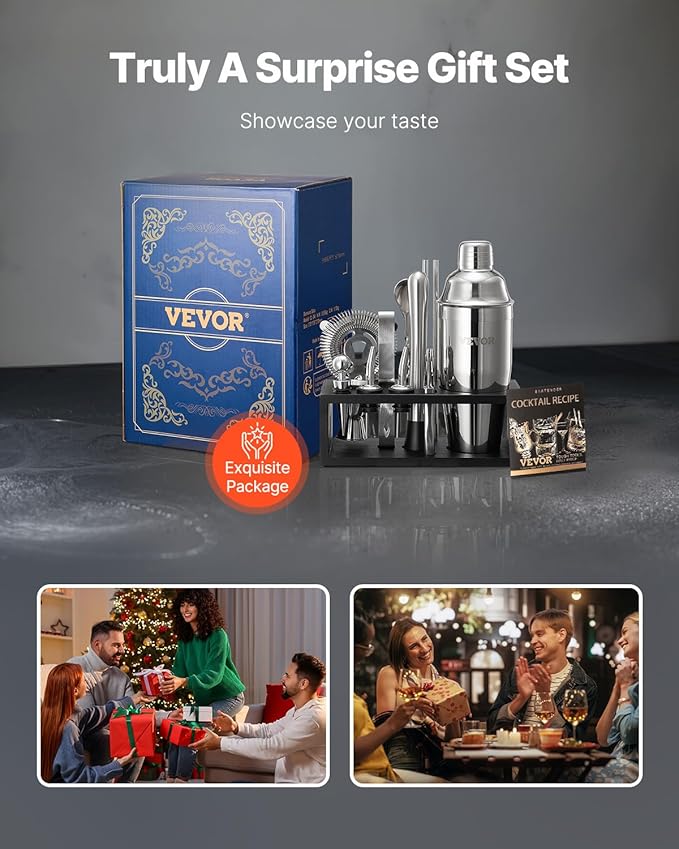 VEVOR Cocktail Shaker Set, 13-Piece Stainless Steel Bar Tools with Bamboo Stand, Martini Bartender Kit Accessories | Mixer Spoon, Muddler, Jigger, Strainer, Liquor Pourers, Ice Tong, Corkscrew, Silver