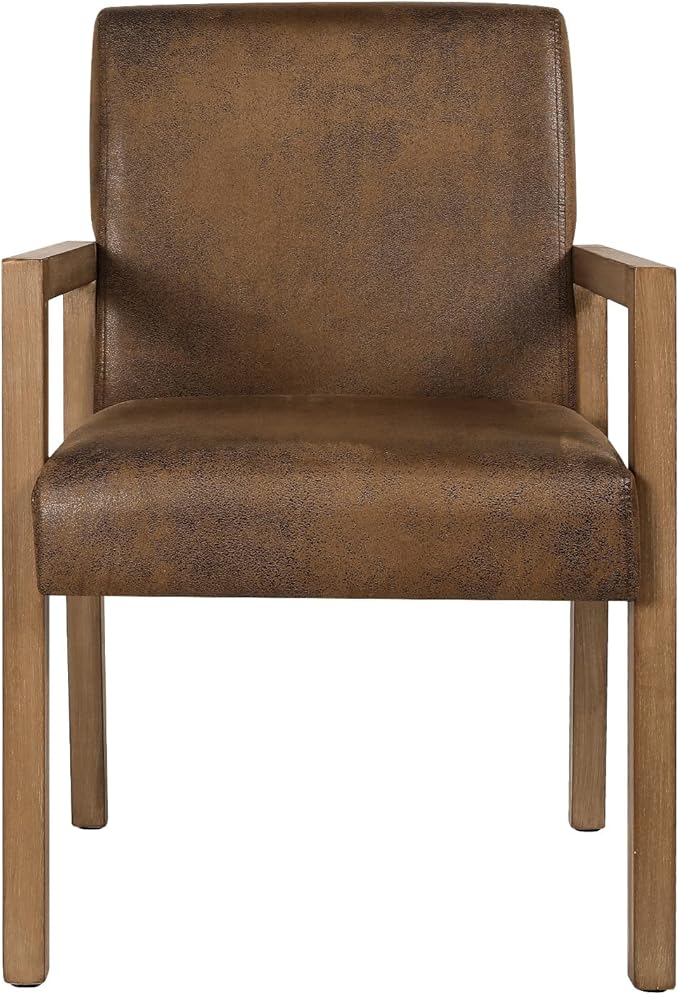 Bekrvio Dining Chairs, Upholstered Faux Leather Dining Chairs with Arms, Mid Century Modern Accent Chairs for Living Room, Arm Chairs with Wood Frame (1, Brown with Wood Arms)