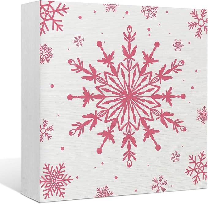 EIONEY Pink Snowflake Wood Box Sign,Christmas Decorations,Winter Christmas Desk Accessories Decor Wooden Block Signs,Seasonal Winter Holiday for Home Bedroom Living Room Office Decor,5x5 Inch