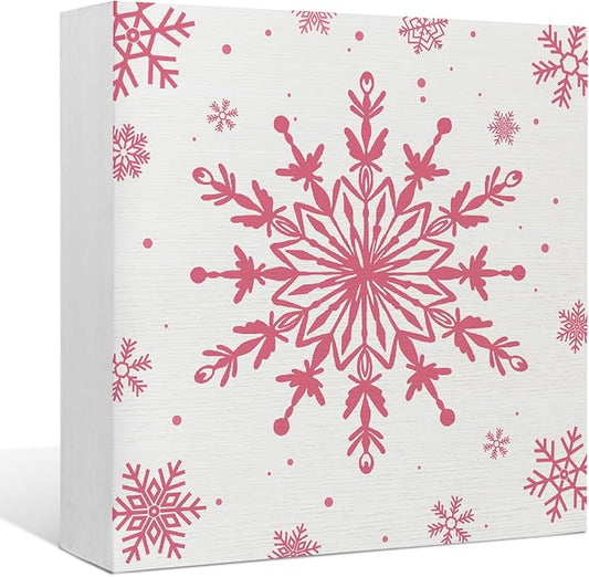 EIONEY Pink Snowflake Wood Box Sign,Christmas Decorations,Winter Christmas Desk Accessories Decor Wooden Block Signs,Seasonal Winter Holiday for Home Bedroom Living Room Office Decor,5x5 Inch