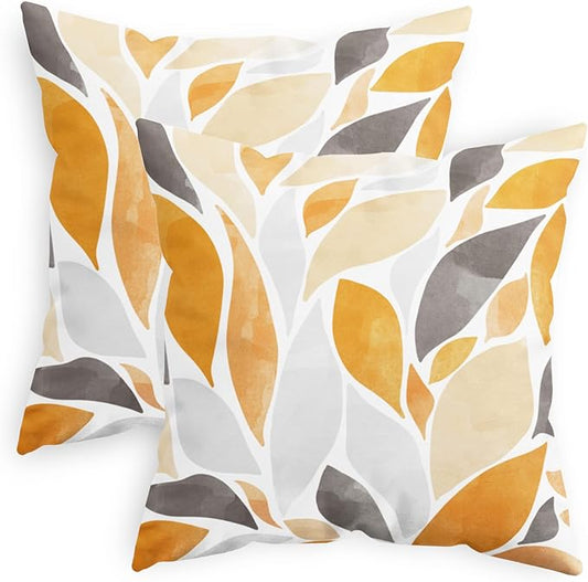 CaliTime Throw Pillow Cases Pack of 2 Cozy Fleece Falling Dahlia Floral Flowers Petals Decorative Cushion Covers for Couch Bed Sofa Farmhouse Decoration 18 X 18 Inches Orange Gold Grey
